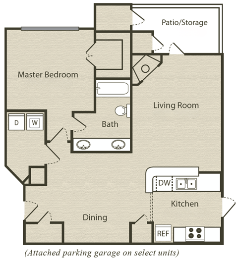 Floor plan for 1 bed, 1 bath, 952 sqft